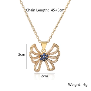Detailed product dimensions for gold butterfly necklace with blue stone and crystals