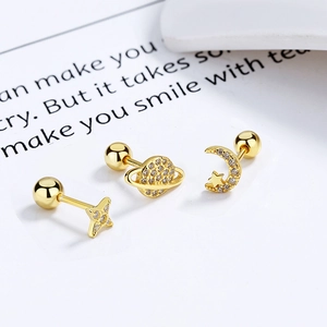 Asymmetric 925 silver gold star and moon screw back earrings with zirconia stones