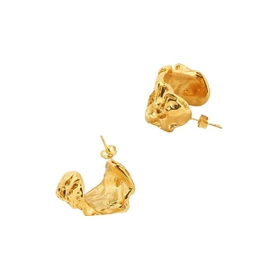 Irregular golden C-shaped pleated earrings with liquid metal texture for women