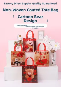 Waterproof non-woven teddy bear gift bags with red handles for Valentine's Day gifts