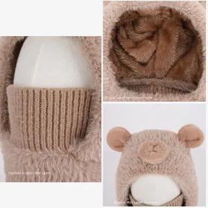 Plush brown bear ear hat with integrated knitted face mask for toddlers winter warmth