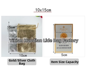 Metallic drawstring gift bags in gold and silver showing 10x15cm size and capacity