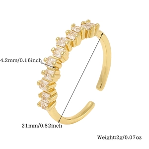 Detailed view of gold ring showing width 4.2mm and diameter 21mm with cz stones