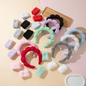 Plush sponge headband and wristband set for face washing and makeup in various colors