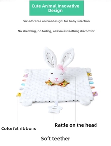 Close-up of rabbit baby security blanket with sensory ribbons and star-shaped teether