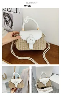 Detail of white leather and straw handbag featuring knot handle and ring buckle