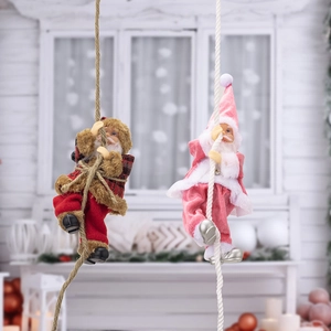 Detail of Santa Claus climbing rope ornaments in plush brown and white festive attire