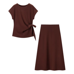 Women's 2-piece deep reddish brown set with knot-front top and A-line midi skirt