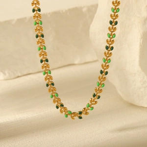 Olive Leaf Vine Necklace Stainless Steel With Two Tone Green Enamel Gold Plated Trendy Jewelry For Women Nature Inspired