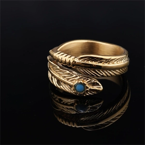 Vintage Feather Ring Stainless Steel Gold Plated Blue Turquoise Adjustable Open Band Punk Style Unisex
