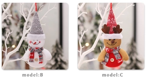Detail of knit fabric Christmas snowman and reindeer hanging ornaments with model labels