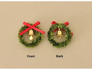 Front and back detail of miniature Christmas wreath with red bow and golden bell