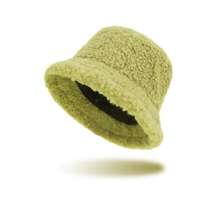 Thick light green sherpa bucket hat for winter featuring a warm fleece texture and plush design