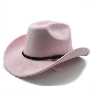 Pink suede western cowboy hat with wide brim and black braided band for men and women