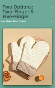 Detail of silicone oven mitts with non-slip texture and cotton lining for heat resistance