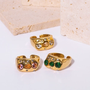 Vintage 18k gold plated stainless steel open rings with colorful zircon crystals