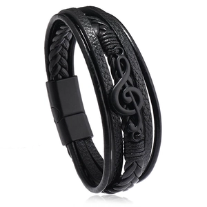Vintage multilayer black leather bracelet with musical note charm and magnetic clasp