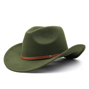 Detail of olive green wool felt cowboy hat with brown leather band and gold rivet accent