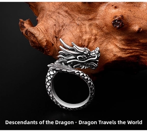 Macro detail of vintage dragon ring featuring intricate scales and antique silver finish