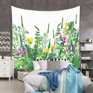 Detail of bohemian floral tapestry with watercolor wildflowers as bedroom wall decor
