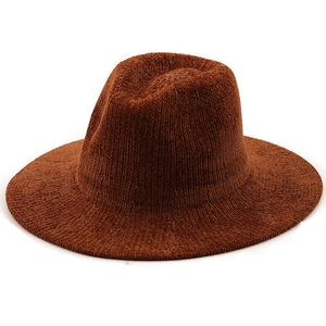 Classic caramel brown knit fedora hat with a wide brim and warm vintage chenille texture