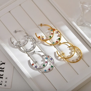 Fashionable gold and silver hoop earrings with multicolored cubic zirconia gemstones