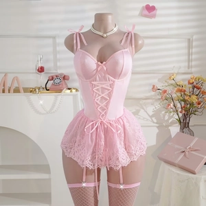 Detailed lace corset dress with satin panels, bow ribbon ties and adjustable garters