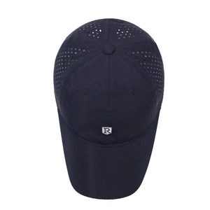 Navy blue breathable baseball cap with laser-perforated back and square R patch logo