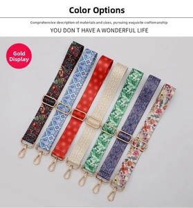 Detail of seven adjustable ethnic pattern bag straps with gold metal swivel hooks