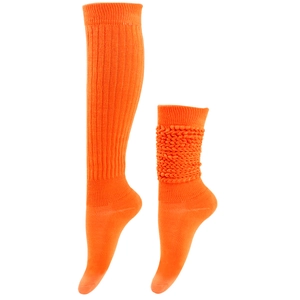 Detail of bright orange knit slouch socks showing versatile knee-high and ruffled wear styles