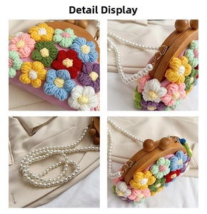 Detail view of colorful crochet floral pattern with wood frame and pearl chain