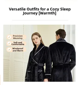 Detail of premium thick black flannel bathrobe showing plush texture and white trim piping