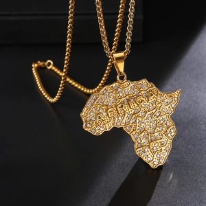 Gold Africa map pendant necklace with sparkling rhinestones on stainless steel chain