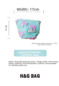 Macro detail of mint green jacquard makeup bag with lavender bow and 17x14cm dimensions