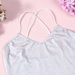 Close-up of V-neck silver sequin crop top with thin straps and metallic grid texture