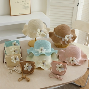 Kids summer straw hat and matching bag set with lace flowers in five pastel colors
