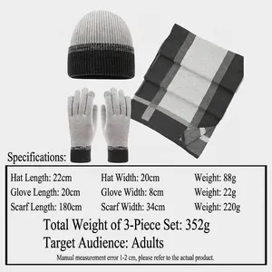 Three-piece knitted set with hat, scarf, and gloves in grey patchwork for autumn and winter