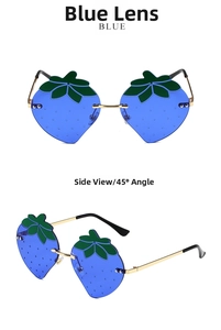 Detailed front and side views of blue strawberry-shaped rimless sunglasses with gold metal frame