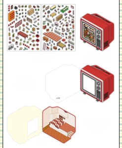 Detailed retro store stickers with foldable vintage TV 3D model paper template