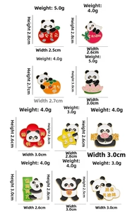 Detailed size chart for assorted cute panda enamel pins with measurements and weights