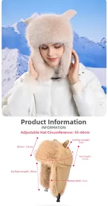 Size chart for plush trapper hat showing adjustable 55-60cm head circumference and earflaps