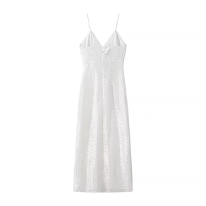 Sexy weißes Pailletten-Trägerkleid mit tiefem Rückenausschnitt und Schlitz für Partys