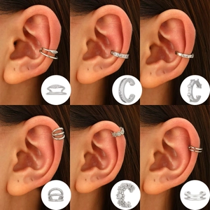 Silver cuff earring set with white zircon stones and twisted designs for non-pierced ears