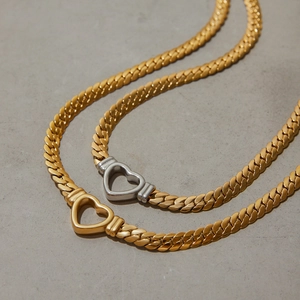 14K gold plated flat snake chain necklace featuring a hollow heart-shaped lobster clasp