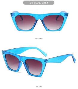 Detailed view of translucent blue square frames with gradient grey lenses for sunglasses
