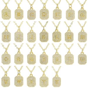 18K Gold Plated Copper Initial Letter Pendant Necklace For Women Pave Zirconia Alphabet Rectangular Card Necklace Jewelry