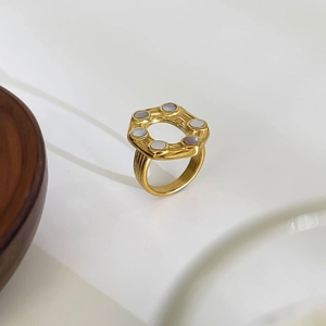 Irregular 18K gold plated titanium ring with hexagonal shell inlay and textured band