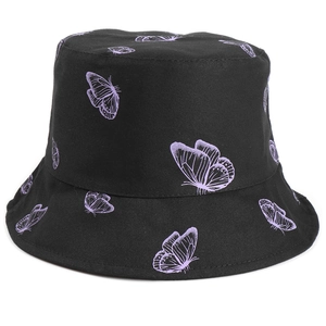 Chapeau bob femme en coton noir avec imprimé papillon violet pour protection solaire