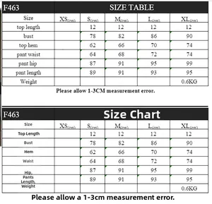 Size chart for two-piece set featuring top length, bust, waist, and hip measurements