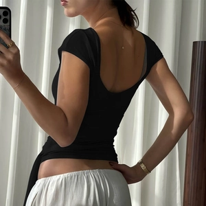 Slim fit square neck backless top in black featuring a deep U-shaped back design